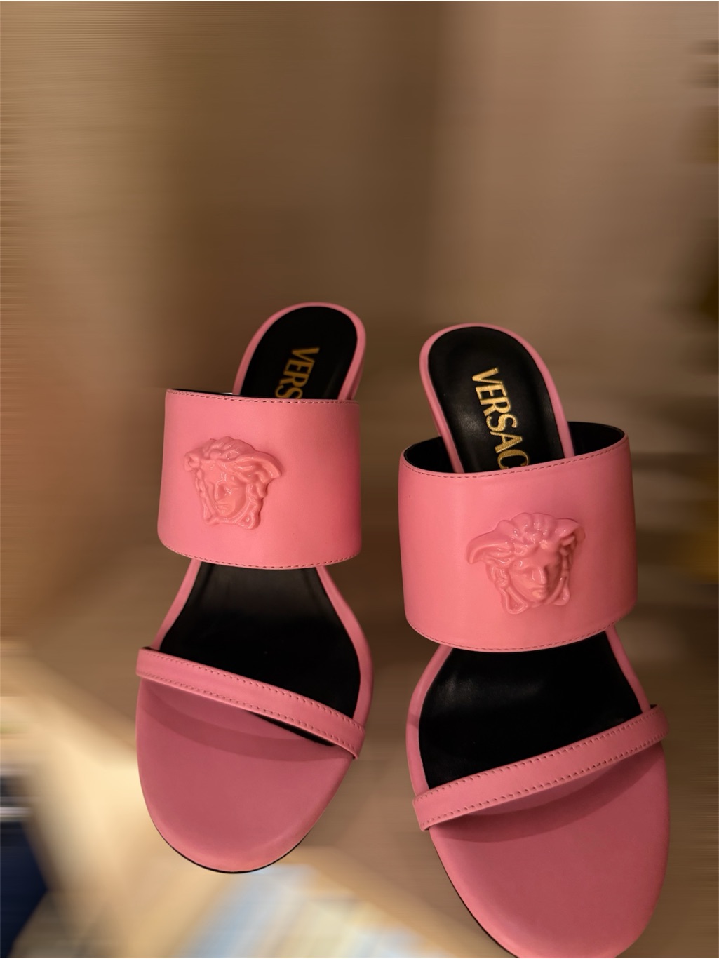 Versace Pink Leather Medusa Double-Band Slide Mules